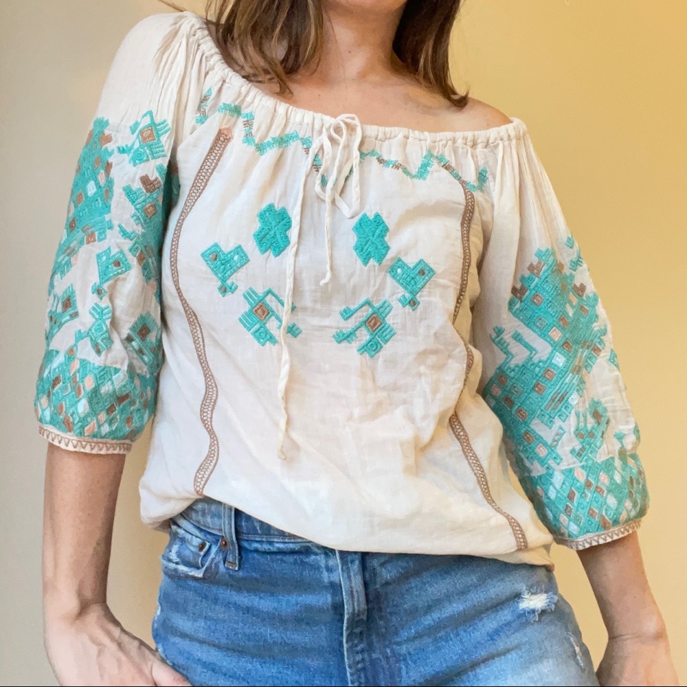 Johhny Was Brand Byia Embroidered Bohemian Cotton Blouse
